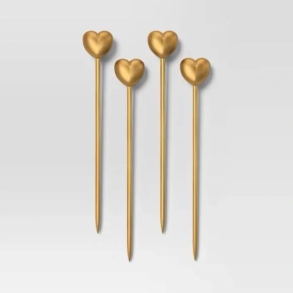 Threshold NWT Open Box Gold Heart Cocktail Picks 4 Piece Valentine's Day - Picture 1 of 7